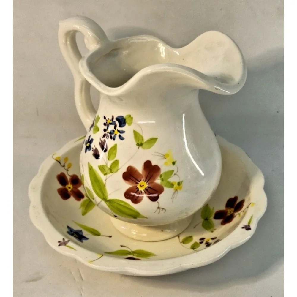 UNBRANDED Pitcher Basin‎ Set Adult Small White Excellent Ceramic Floral Decor